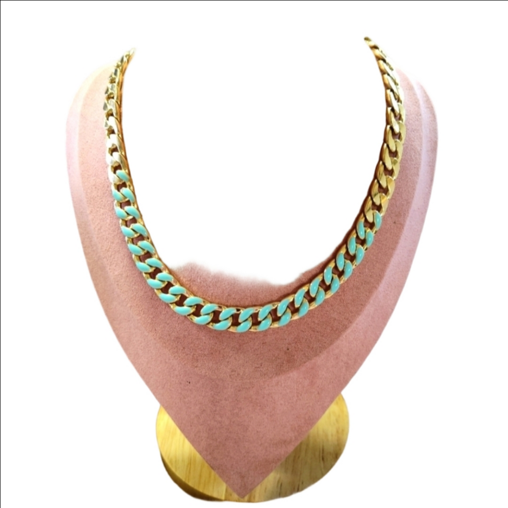 ASOS Design Gold Cuban Link Teal Enamel Reversible Necklace